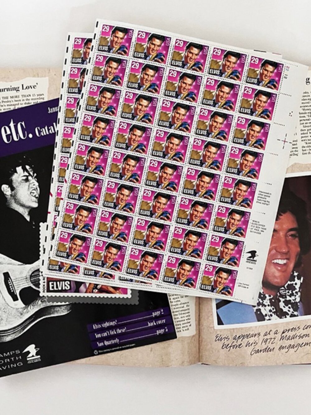 Elvis Album, stamp catalog, and 4 sheets of Vintage Elvis .29 postage stamps